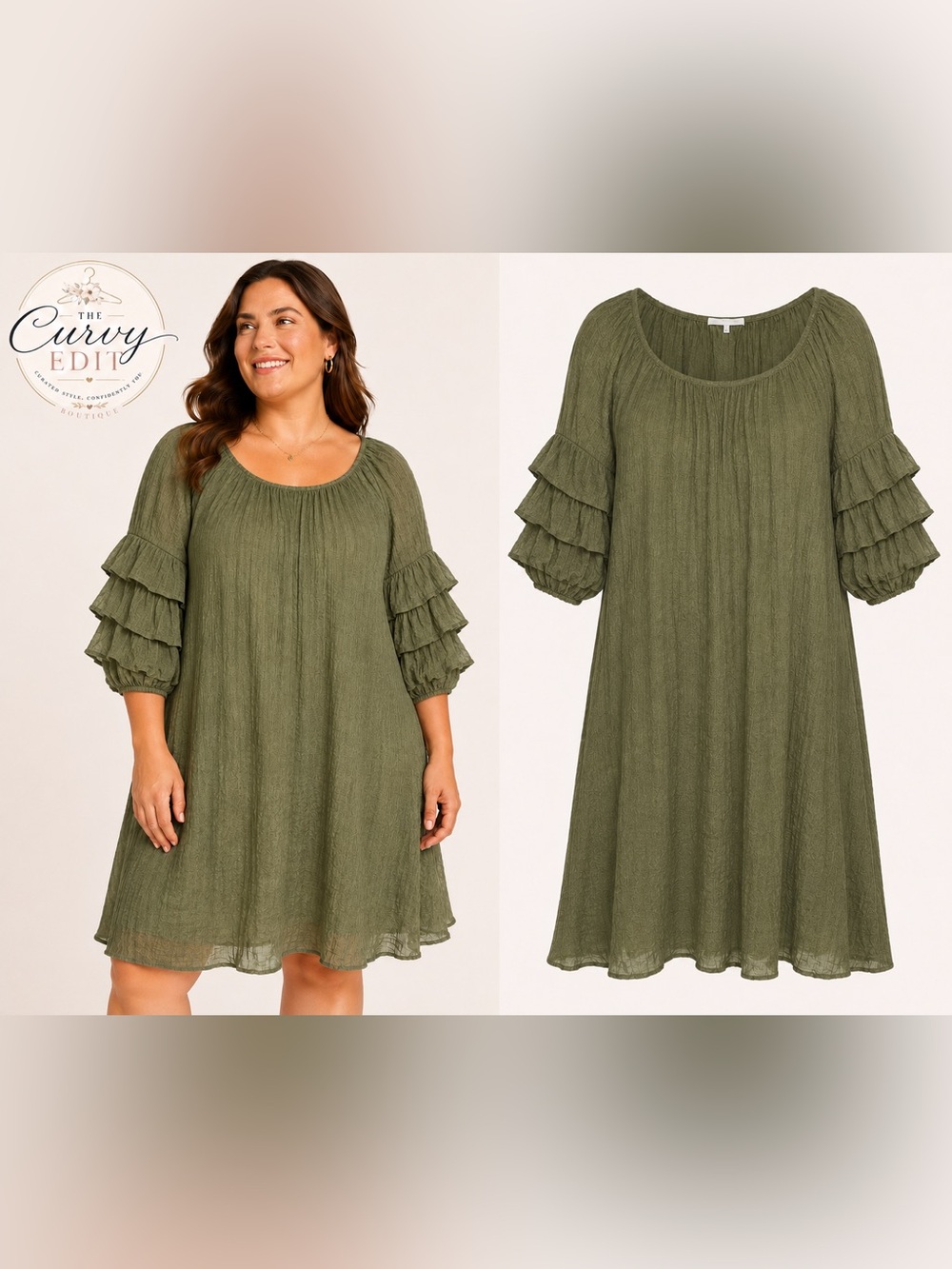 Indigo Rose 1X Olive Green Textured Boho Shift Dress | Tiered Ruffle Sleeves